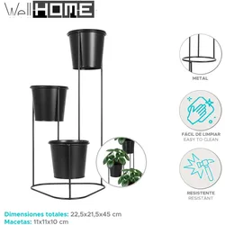WellHome - Metallvase mit 3 Töpfen (Ø11x10cm) mit schwarzem Rahmen 46,5cm