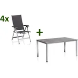 KETTLER Cubic/ Basic Plus Padded Garten-Essgruppe, silber/anthrazit, Alu/Textilene, Tisch 160 x 90 cm, 4 Klappstühle