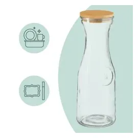 Relaxdays Wasserkaraffe, 2er Set, 1 Liter, Glaskaraffe mit Bambusdeckel, zum Beschriften, Wasserkanne, transparent/natur