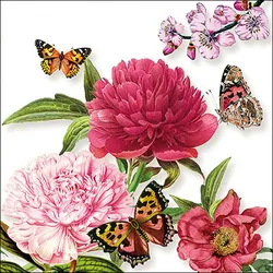 Ambiente 20 Servietten Papier 33x33cm 3-lagig - hochwertige Einweg Papierservietten Pfingstrosen Schmetterlinge Motiv Partyservietten Blumen Frühling Sommer
