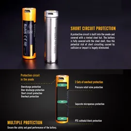 Fenix Li-Ion Akku 18650, mehrfach geschützt mit USB Ladefunktion, 70x18,6mm 1 Stück mit AccuCell AccuSafe