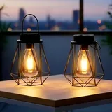 Solar Laterne schwarz 18 x 15 cm zum Hängen oder Stellen - 2er Set - Industrial Design Dekoleuchte mit LED Glühbirne warm weiß - Schwarz