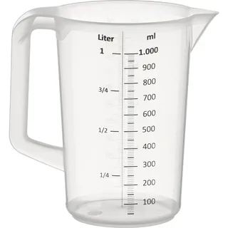 APS Messbecher 1.0 lt. Ø 12 x H: 17 cm, Kunststoffbecher mit geprägter Maßskalierung außen, geschlossener Griff, 1- und ml-Liter- Einteilung, spülmaschinengeeignet