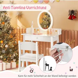Costway 2 in 1 Kinder Schminktsich mit Hocker, Frisiertisch mit beleuchtetem Spiegel, Schublade & Schmuck-Organizer, Kosmetiktisch Prinzessin aus H... - Weiß