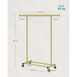 Songmics Kleiderständer Rollbar mit Ausziehbarer Stange 161,5 x 132 x 45 cm Gold