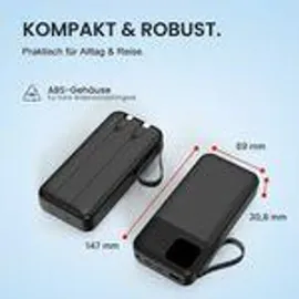 Viesta Viesta® Powerbank 20.000 mAh Weiß – 22,5W Schnellladen, PD20W – integrierte Kabel Usb-c- & Lightning), Usb-a, Usb-c Lcd-display, LED-Taschen... - Weiß