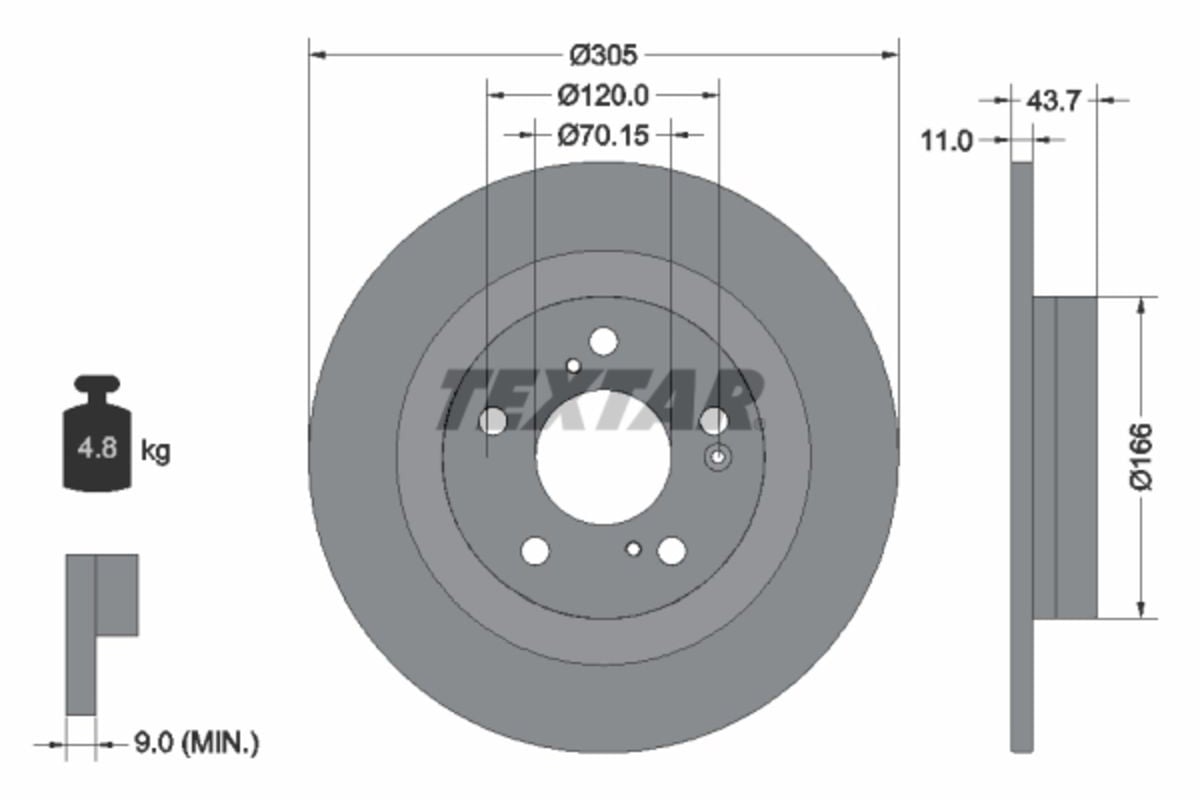 Disque de frein TEXTAR 92308403 arrière, plein, 1 pièce