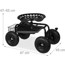 Relaxdays fahrbarer Gartensitz, höhenverstellbar, 150 kg, Stauraum, Rollsitz Gartenarbeit, Stahl, Luftreifen, schwarz