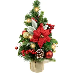 Künstlicher Weihnachtsbaum I.GE.A. "Geschmückter Tannenbaum Poinsettia mit LED-Licht", rot (rot, gold), B:22cm H:39cm, Kunststoff, Weihnachtsbäume, Im Topf Christstern Christbaumkugeln Zapfen Weihnachtsdeko Christbaum