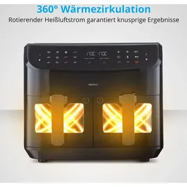 Medion P20 XXL Heißluftfritteuse mit 2 Kammern (8,7 Liter, Airfryer, 2.600 Watt, Doppelkammer, 9 Automatikprogramme, 2 Schubladen, Sichtfenster, Dualer Airfryer, Dual Cook & Sync-Finish Funktion)
