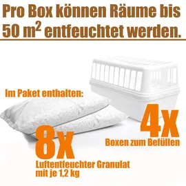 BigDean 4 Stück Luftentfeuchter + 8x 1,2kg Luftentfeuchtergranulat Nachfüllpack – Feuchtigkeits-Stopper nachfüllbar + wiederverwendbar – Luftentfeuchterbox ohne Strom