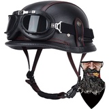 Deutsche Leder Motorrad Halbhelme Retro Halbschalenhelm JetHelm mit Visier Schnellverschluss Schnalle für Cruiser Chopper Biker Moped DOT/ECE-Zulassung