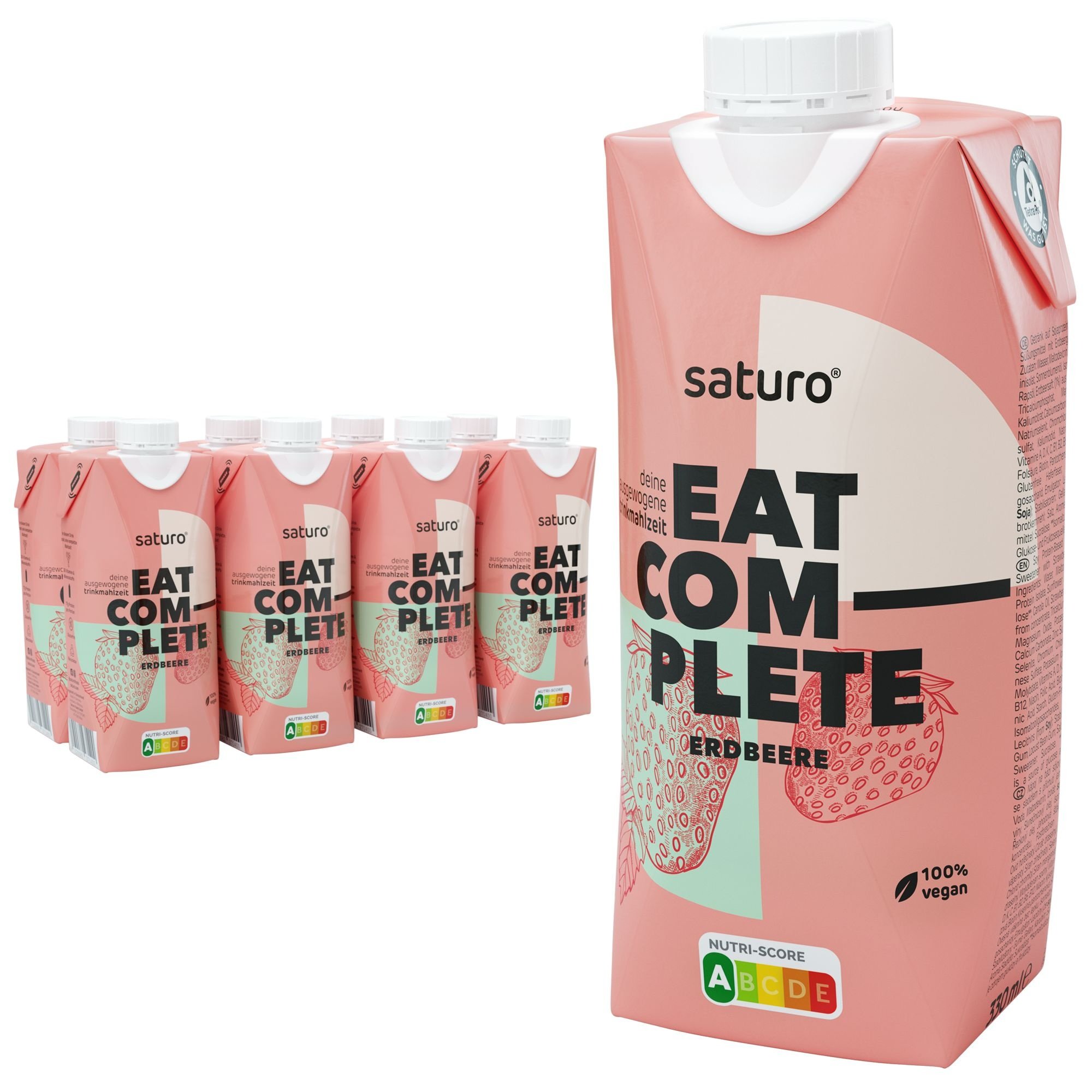 Saturo Trinknahrung Vegan Erdbeere| Astronautennahrung Mit Protein | Trinkmahlzeit Nährstoffen 8x330 ml