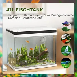 PawHut Aquarium 41L Einsteigerbecken mit Filtersystem, LED-Lichtern, Wasserpumpe, Weiß