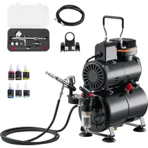 Vevor Airbrush Set 1/6 PS mit Luftkompressor & Tank, 1 Dual Action Airbrush Pistole mit 3 Düsen (0,2/0,3/0,5 mm) & Schlauch & Acrylfarbe & 1 Ventilator