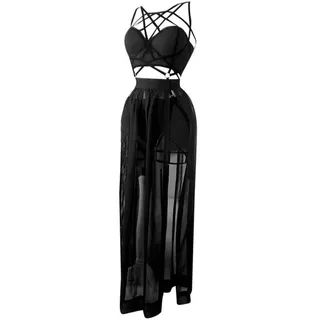 Gothic Sexy dreiteiliges Unterwäsche-Set für Damen, schwarzes Korsett, kurzes Oberteil, Bandage, Höschen, Netzschlitz, Rock, Anzug, Kleidung, Schwarz, L - L