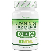 Vitamin D3 + K2 Depot - 365 Tabletten mit 5000 I.E + Vitamin K2 200 mcg pro EINER Tablette - 99,7+% All-Trans (K2VITAL® von Kappa) - Laborgeprüft - Hochdosiert - Premium Qualität