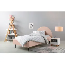 Polsterbett LÜTTENHÜTT "Femmy", pink (schwarz pink), B:132cm H:102cm L:213cm, 100% Polyester, Betten, angenehm gepolstertes Kopfteil mit dekorativem Regebogenmotiv
