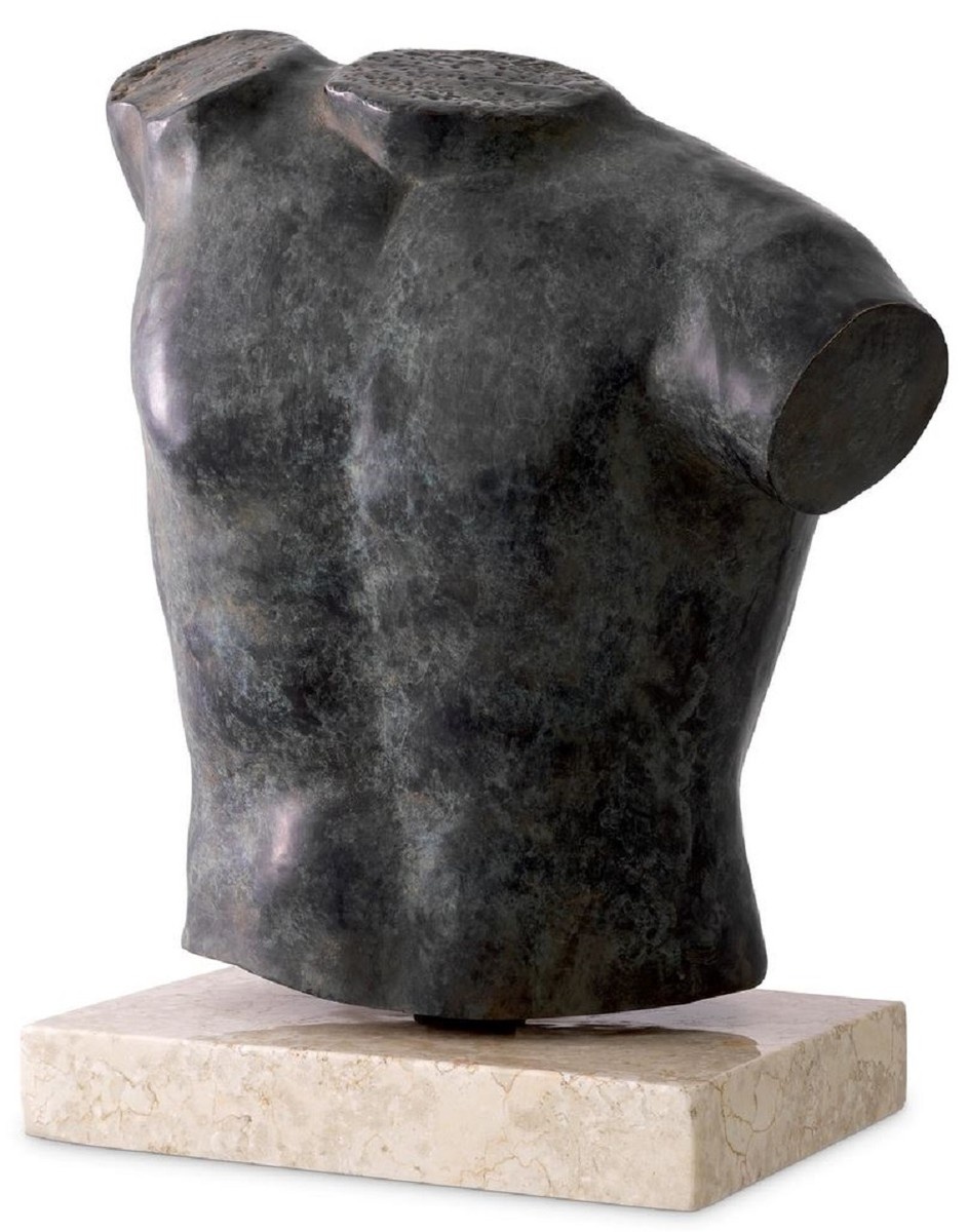 Casa Padrino Luxus Deko Torso Skulptur Antik Bronze / Beige 38 x 23 x H. 48 cm - Metall Deko Figur mit Marmorsockel - Wohnzimmer Deko - Schreibtisch Deko - Büro Deko - Deko Accessoires