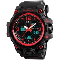 TONSHEN Männer LED Digital Uhren 50M Wasserdicht Rot Plastik Lünette Silikon Band Alarm Analog Quarz Armbanduhr Outdoor Militär Sportuhr Herrenuhr