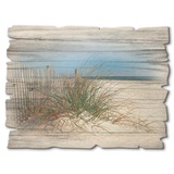 Artland Holzbild »Schöne Sanddüne mit Gräsern und Zaun«, Strand, (1 St.), beige