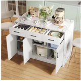 Ulife Kücheninsel mit Arbeitsplatte in Marmoroptik, 120x60x90,5 cm, Küchenschrank mit 3 Schubladen und 3 Türen Buffetschrank weiß