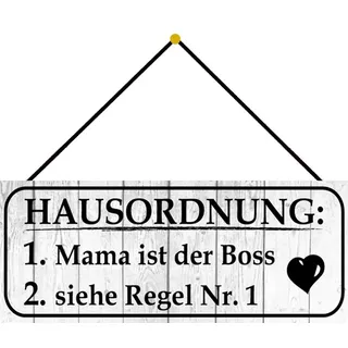 Schatzmix Hausordnung Mama ist Boss Metallschild 27x10 cm Wanddeko mit Kordel Blechschild, Blech, Mehrfarbig