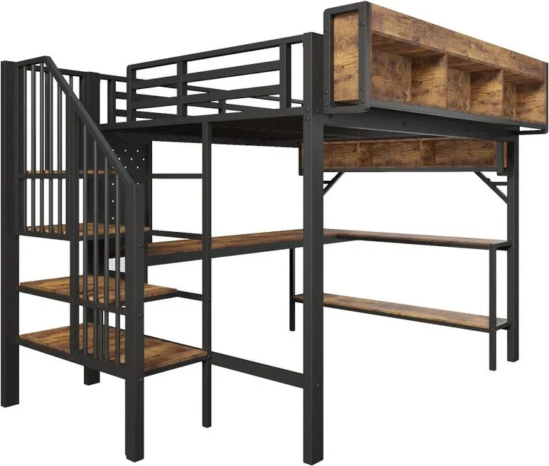 Hochbett 140x200 cm Vintage Braun-Schwarz mit Eckschreibtisch, Stauraum & Lochplatte, Steckdose USB Typ-C & LED, großes Hochbett EN747 (ohne Matratze)