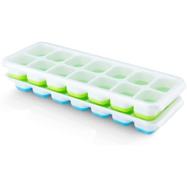 Pritogo Silikon Eiswürfelform mit Deckel (2 Stück) 14-fach Silikon Eiswürfelbehälter LFGB Zertifiziert & BPA-Frei Grün/Blau Stapelbar Ice Cube