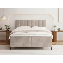 WFL GROUP BOXBETT Allen mit Bettkasten – Polsterbett 200 x 200 cm mit H4 Taschenfederkern Matratze & 5 cm Topper – Stauraumbett mit hohem Kopfteil & Metallfüße – Samt Beige