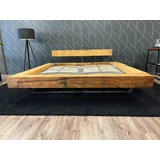 Möbel Specht Massivholzbett Tender Eiche Steel (Balkenbett, Eiche sägerau), 20x20cm Balken / Kufen aus Stahl von Seite zu Seite laufend