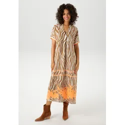 Sommerkleid ANISTON CASUAL, Damen, Gr. 42, N-Gr, braun (hellbeige, hellbraun, neonorange), Web, Obermaterial: 100% Viskose, bedruckt, gemustert, modisch, figurumspielend wadenlang, V-Ausschnitt, Kurzarm Rippbündchen, Kleider, mit Zebrastreifen und extravagantem Bordüren-Druck - NEUE KOLLEKTION, Topseller