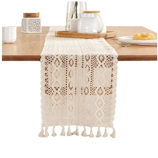 Kaket Tischläufer Boho Deko, Tischläufer Beige mit Quasten, für Deko Boho, Hochzeit, Brautdusche, Esstisch Dekor beige 24 cm x 180 cm