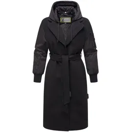 Marikoo Damen, Winterjacke "Tjadee", Langer Wickelmantel Taillierungsband, Kapuze über Knöpfe abnehmbar, Warme Jacke Frauen - N016 L, schwarz, - L