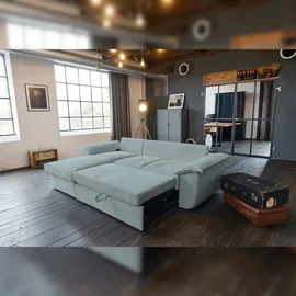 KAWOLA Sofa DAMETO Ecksofa Bettsofa Schlafsofa mit Stauraum Cord hellblau