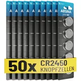 Absina CR2450 Knopfzelle 50er Pack - CR 2450 3V Knopfzellen auslaufsicher & mit Langer Haltbarkeit - CR 2450 Batterien, Knopfzellen CR2450, Batterie 2450, Batterien 2450 Knopfzelle Großpackung
