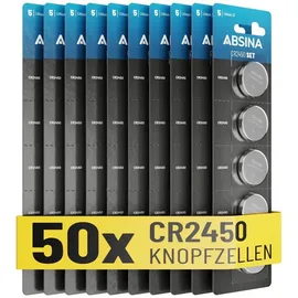 Absina CR2450 Knopfzelle 50er Pack - CR 2450 3V Knopfzellen auslaufsicher & mit Langer Haltbarkeit - CR 2450 Batterien, Knopfzellen CR2450, Batterie 2450, Batterien 2450 Knopfzelle Großpackung