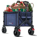COMLAX FIELD Bollerwagen Faltbar mit Große All Terrain Räder, 120L 100KG Klappbarer Bollerwagen mit Bremsen, Strandwagen Für Strand Garten Camping Shopping, Blau