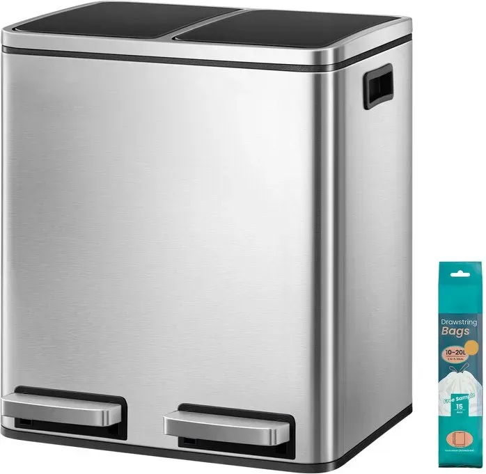 Ochama Treteimer 30L, Mülltrennsystem mit 2 Fächern, Abfalleimer für Küche, Softclose-Deckel, inkl. Müllbeutel, silber-schwarz