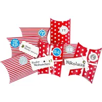 Frau WUNDERVoll® DIY Adventskalender zum Befüllen Christkind: Set 178, Kissenschachteln 15x11x4,5cm rot Sterne und Streifen, Ziffern blau - Rot