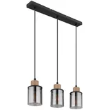 GLOBO Pendellampe 3-flg. 55 cm Metall schwarz Holz braun Glas rauch