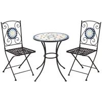 Outsunny Garten-Bistroset, Gartenmöbel Set, inkl. 1 Tisch, 2 klappbaren Stühlen mit Mosaiksteinen, Balkon-Set für Terrasse, Metall, Blau+Grün+Gelb