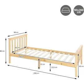 ML-Design Holzbett 90x200 cm Natur, Kiefernholz, Bettgestell mit Lattenrost und Füße, Einzelbett mit Kopf- und Fußteil, Bett für Kinder und Erwachsene, Massivholzbett Kinderbett Jugendbett