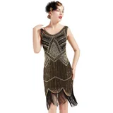 BABEYOND Damen Pailletten 1920s Flapper Charleston Kleid V Ausschnitt Great Gatsby Motto Party Fasching Kostüm (SchwarzGold XL) - XL