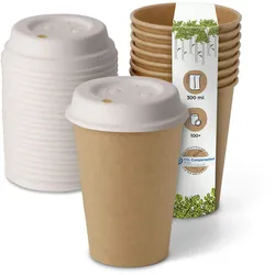 BIOZOYG 100 Stück Kaffeebecher mit passenden Pappdeckeln 300ml / 12oz Einwegbecher Pappbecher Kaffeetassen ungebleicht kompostierbar nachhaltig
