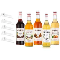Monin Cafe Probierpaket 5 x 1 L - inkl. 5 Pumpen für Kaffeespezialitäten, Desserts und Cocktails mit Vanille - Karamell - Schokolade - Macadamia - Amaretto - Sirup