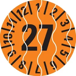 Dreifke® Prüfplakette 27, orange, Sicherheitsfolie, selbstklebend, Ø 15mm, 60 St/Bogen