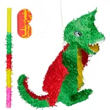 Relaxdays 3 TLG. Pinata Set Drache, Pinatastab mit Augenmaske, für Kinder, Stock & Augenbinde, zum selbst befüllen, Piñata, bunt