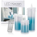 LED Universum LED-Kerze LED Acryl Glitzer Kerze Blau 3er Set "Liza" inkl. Fernbedienung und