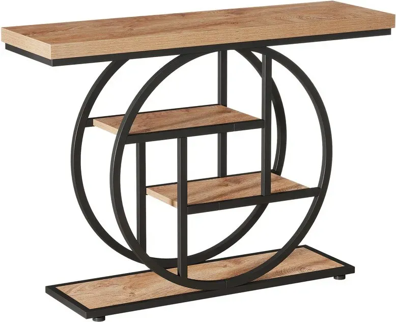 Tribesigns 105CM Console Table, Industrial 4-Tier Sofa Table Entryway Table with Circle Base, Narrow Wood Accent Tables with Storage Shelves for Living Room, Hallway, Foyer, Light Brown